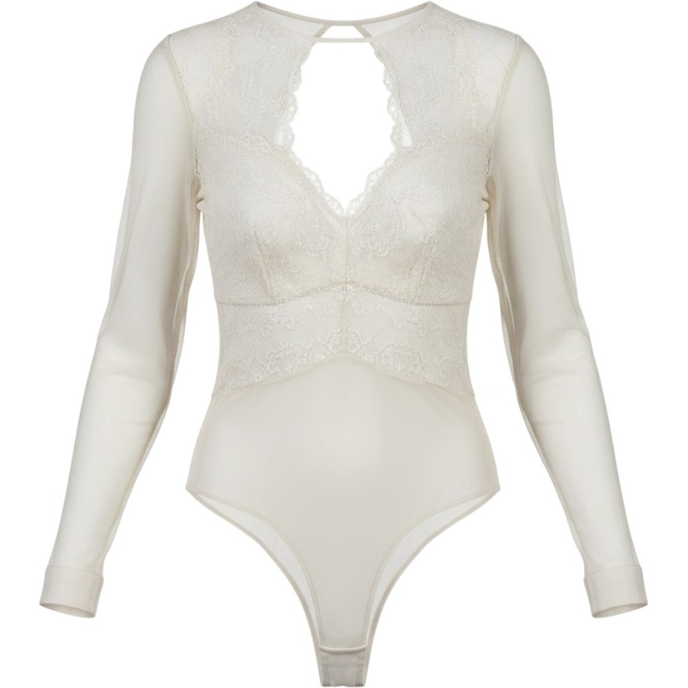 INC International Concepts Lace Mesh Bodysuit Oat Milk Beige Sequin Medium NEW